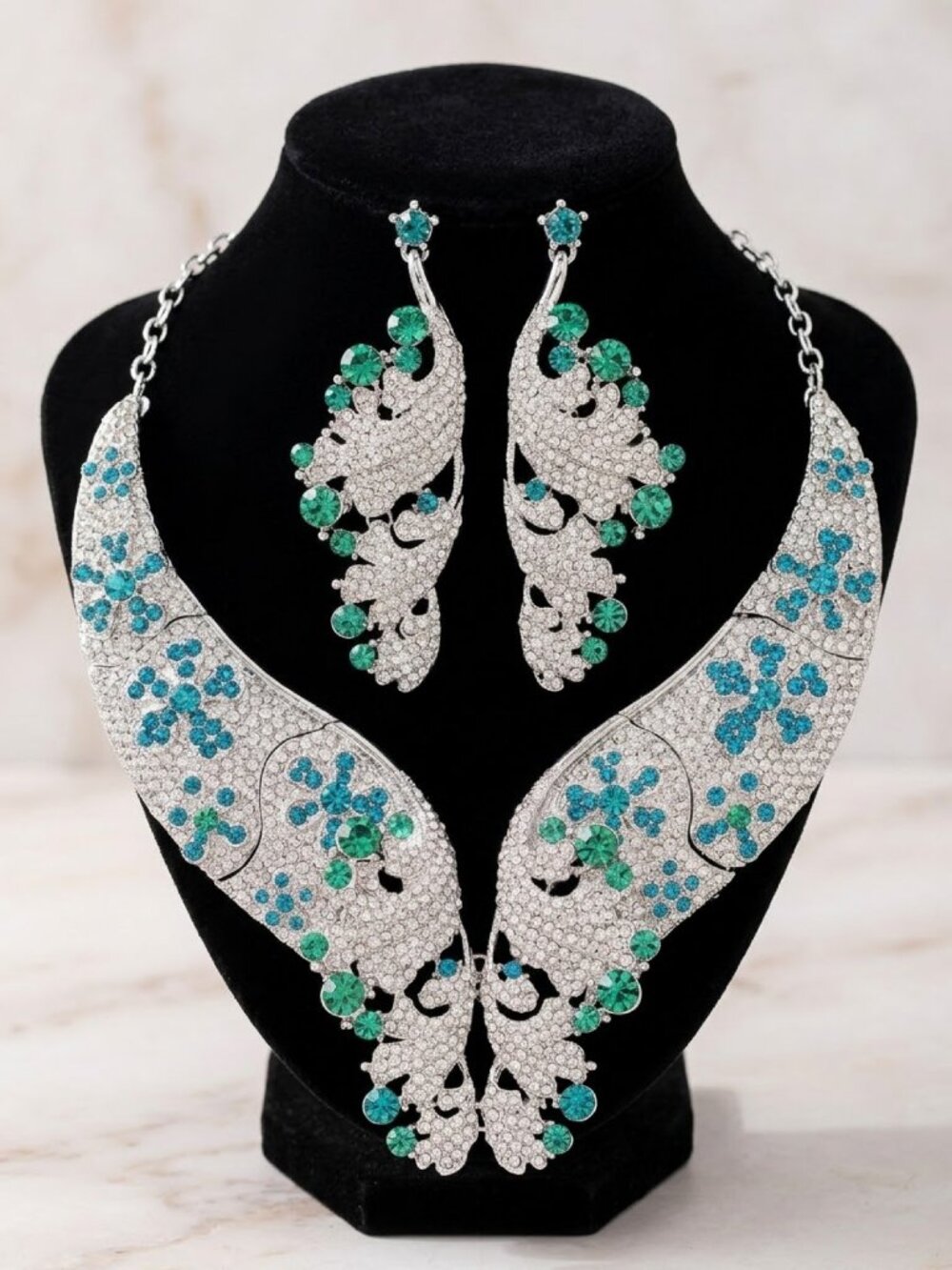 Peacock Statement Necklace & Earrings Set – Emerald Green Crystal, Silver Tone